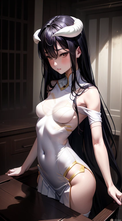 (Ultra Real), (Illustration), (High Resolution), (8K), (Very Detailed), (Best Illustration), (Beautiful Detailed Eyes), (Best Quality), (Super Detailed), (Masterpiece), (Wallpaper), (Detailed Face), Solo, (Dynamic Pose), One Girl, White Wavy Hair on the Balcony, Losing Clothes, Japan Person, Iris Colored Eyes, (((Very Thin, Small and Short Night Dress)), Medium breasts, long legs, best ride of legs, wide waist, (without panties), (without bra)  