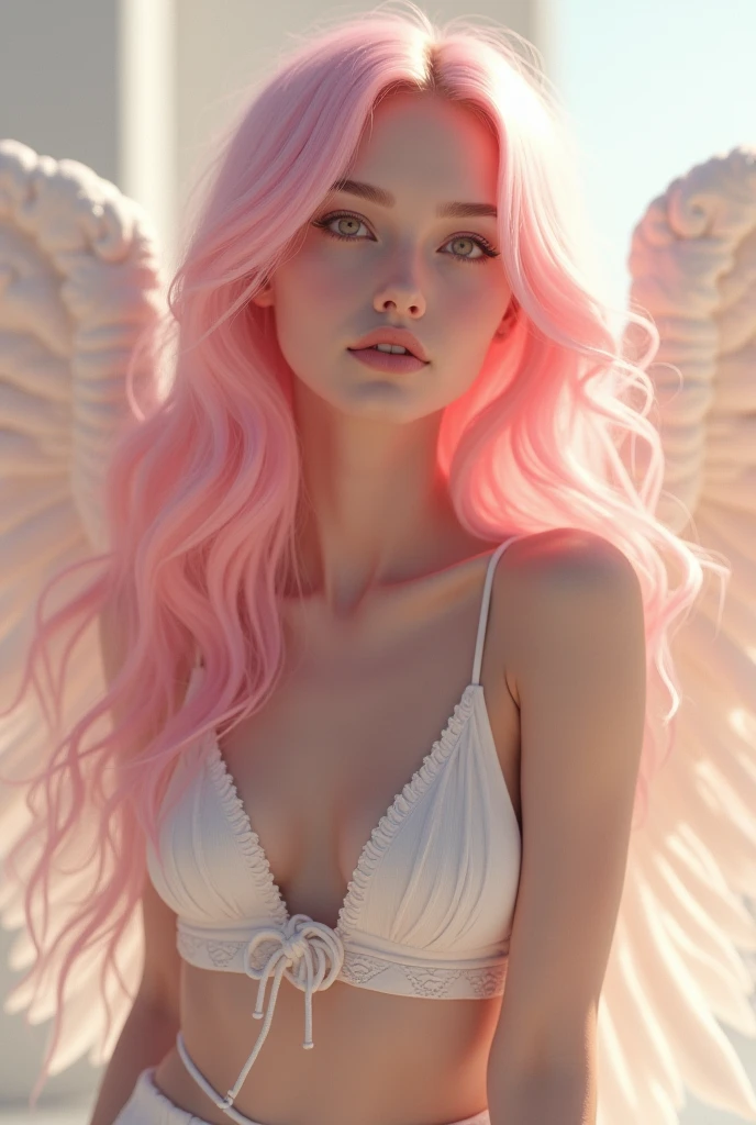 sky view image depicting a gorgeous angel laying down on a fluffy cloud. She has pale white skin, crystal blue eyes, glossy round softly open pink lips, soft pink hair. She is wearing white and gold robes. Her chest is covered by golden jewelry and pink roses. Her gaze depicts her in a daydreaming state
