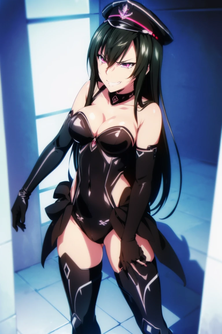 beautiful, masterpiece, ultra detailed, extremely detailed, ultra high res, 8k, beautiful detailed face, anime screencap, heart shaped face woman, (black hair:1.2), long hair, hair between eyes, large breasts, fearless face, sharp face, slant eyes, cat eyes, 170cm tall, adult, perfect proportion, (((black high-leg leotard))), (((dare shoulder))), cleavage, (((thigh boots))), choker, (((military cap))), anime style, ultra detailed beautiful face and eyes, front view, raw phot, incredibly absurdres, Beautiful portrait of cute anime girls, super fine illustration, full-hd, hdr, best aesthetic, distinct, exquisite, masterwork, by famous artist, highers, (((perfect anatomy))), mocking, (((rape face))), (((evil grin))), intense eyes, sadistic, gleaming skin, oil skin, slut face, full-face blush, smirking, mischievous grin, furrowed mouth, both legs, pouty lips, downturned corners, rosy hue, grin widely, cheeky smirk, (((bad-tempered glare))), gloating, crazy smile, scary face, cruel smile, fang, connected teeth,, (((elbow gloves))), (((big connected teeth)), glare, grimace, smirk, (((scowling face))), smile broadly, symmetrical eyes, even eyes, perfect eyes, (((squinting eyes))), deep detailed eyes, shiny clothes, 1girl, solo, smug, smile grimly, (((dimpled smile))), pink eyes, (((upper body shot and standing))), (((laugh))), (((pleasure face))), (((brutality face))), (((scary face))), (((fang))), super detailed skin, official art, production art, top quality, high quality, amazing quality, finely quality, fantastic, professional quality, perfect hands, perfect arms, both arms, two arms, both hands, two hands, cleavage cutout, bare collarbone,