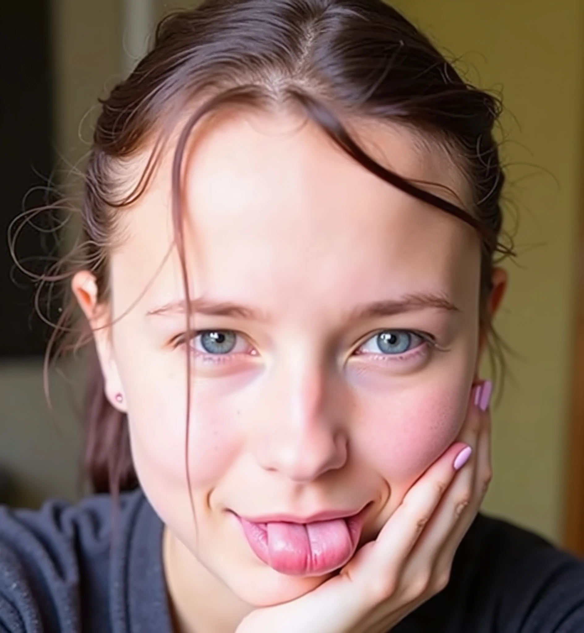 Female's face, ahegao, tongue out, red hair, pigtails, light blue eyes:1.1, freckles:1.4, deep eyes, big eyes, runny makeup, small breasts, small nose 