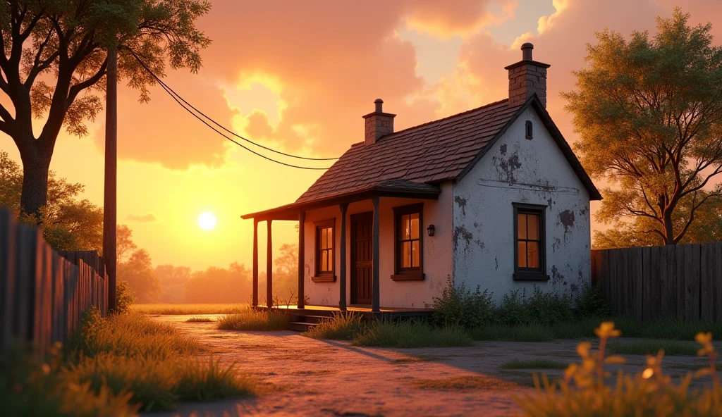 A simple house with peeling white paint. The golden light of the setting sun casts long shadows across the empty front yard. The windows are shut tightly, giving an air of mystery and slight unease.style:3d pixar animation