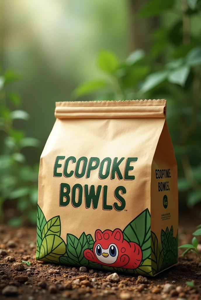 Create a package with the words EcoPoke Bowls written on it and a poke appearing on the side of the package