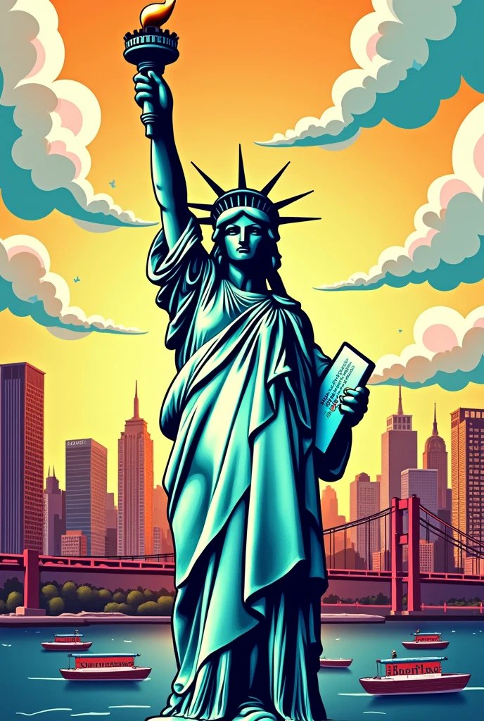 Generates an image of the Statue of Liberty considering elements of the English language in a comic style bright colors