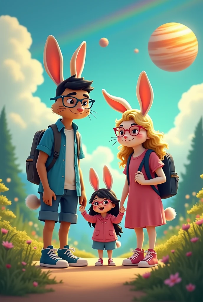 White rabbit father tall, Bblack hair, Wearing blue glasses, wearing sneakers, gray backpack. Tall beautiful pink mother rabbit, long curly blonde hair, Wearing Pink Glasses, turned legs, wearing sneakers, black backpack. Pink rabbit daughter, Wearing Pink Glasses, long black curly hair, wearing sneakers, pink backpack. Bright orange sun in the sky, very beautiful rainbow, big bright moon and bright Jupiter. trail landscape. Disney style. 4K, High definition. Everything is very beautiful.