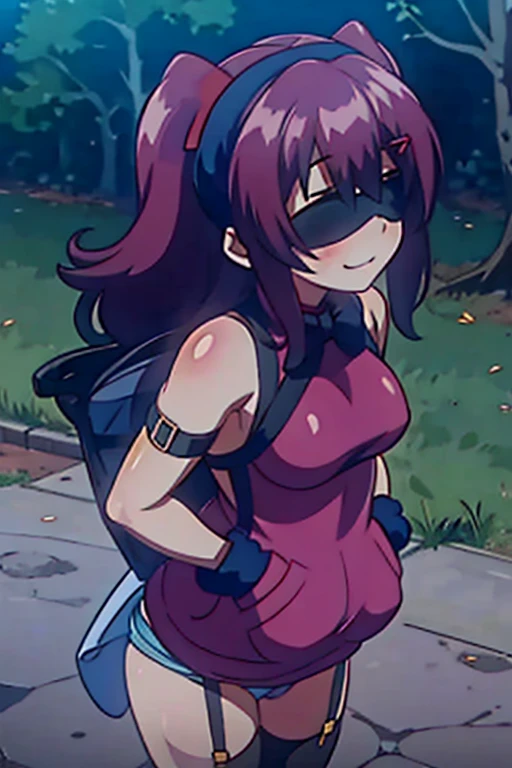 girl in a panty, wearing oven mittens tucked in pockets, blindfold