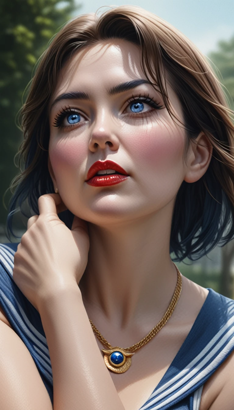 1girl in sailor uniform, sailor moon, miniskirt, short hair, school yard, summer outfit, piercing, blushing face, hand on cheek, necklace, bikini swimsuit, hand on chest, red lips, blue hair, (best quality,4k,8k,highres,masterpiece:1.2),ultra-detailed,(realistic,photorealistic,photo-realistic:1.37),highly detailed face, beautiful detailed eyes, beautiful detailed lips, extremely detailed eyes and face, long eyelashes, soft lighting, vibrant colors, dynamic pose, school setting, summer atmosphere, cute and shy expression