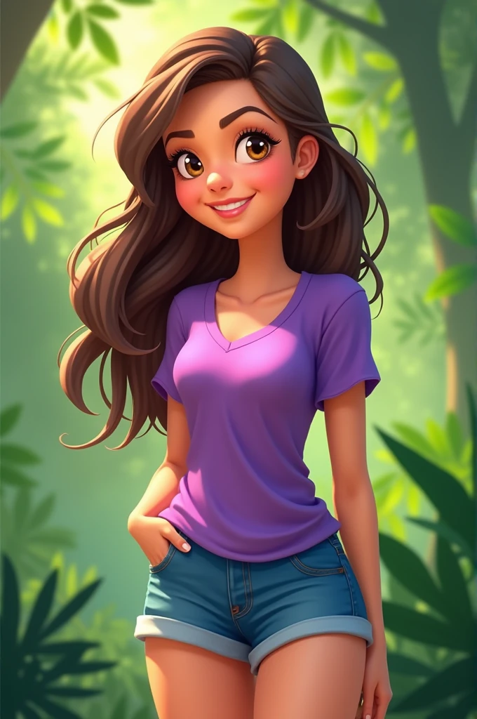 Animated cartoon woman character, with purple shirt and blue shorts, nice smile and golden eyes, the background of the image is green 