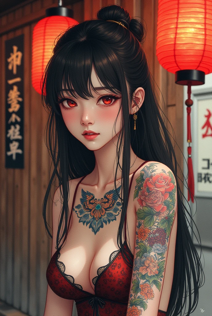 8k,Highest quality、masterpiece、So delicate it seems as if it might crumble at any moment。Yoshiwara、Red light district、Prostitute、Tattoo、Slender、Watercolor、Vivid saturation、Omit contour、Tattoo多数、背中一面のTattoo、太もものTattoo、Sad look、Unlucky、Red eyes、Looking down、Plump Cheeks、innocent、Girl、Japanese、Height: 170 cm、Weight 35 kg、Fair skin。wooden building:Red light districtの建物は木造で、Incorporating traditional Japanese architectural styles。The roof is generally tiled.、It had a traditional Japanese roof shape.。A magnificent entrance:The entrances to these buildings are ornately decorated.、It was lavishly decorated。Lanterns and banners、It was used to attract attention to the store.。Lattice doors and Shoji screens:窓やドアにはLattice doors and Shoji screensが取り付けられており、It was hard to see inside from the outside。This design allows、Privacy and discretion guaranteed。 Interior: The interior of the building was richly decorated。The private rooms for guests are separated by tatami mats and shoji screens.、It was decorated in a Japanese style.。 garden: Red light districtの中には、客とProstituteが一緒に静かなひとときを楽しめる小さなgardenを備えたところもありました。 Signs and curtains: Outside the building、Red light districtの名前と営業情報を記したSigns and curtainsが掛けられていました。This、通行人や客はRed light districtを識別できました。Red light districtを取り巻く歴史的背景や文化的慣習は時とともに変化しており、Please note that the translations provided are based on the information provided。血だまり - ホラー - 血痕に浸った畳 - 夜 - Sad look - 俯いた視線 - 青白い瞳。"血まみれでぞっとする - グラフィックス- 血 - Tattoo - Tattooの女性 - 全身Tattoo - 妖怪 - ホラー - 怖い - 不気味な - 気味が悪い - 恐怖。"