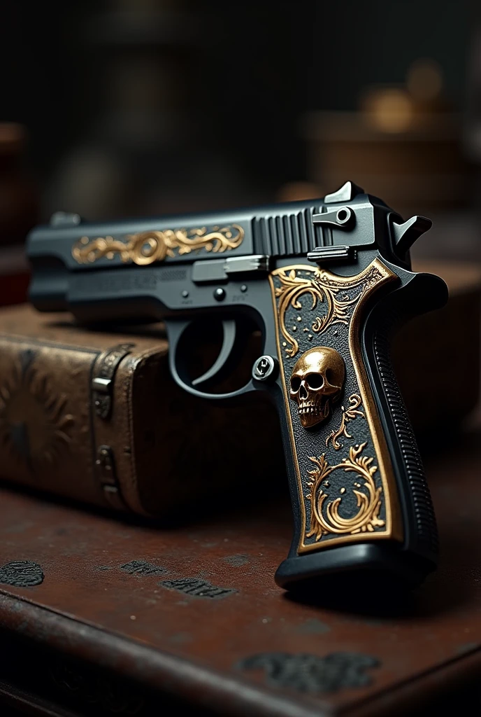 pistol with a small skull with large gold details