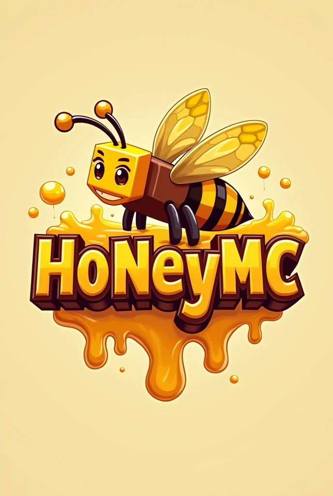 A logo written “HoneyMC” with orage-yellow color and minecraft theme with bee and honey.