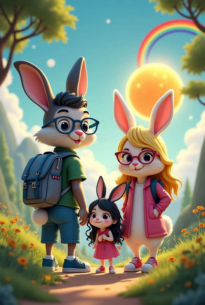 White rabbit father tall, Bblack hair, Wearing blue glasses, wearing sneakers, gray backpack. Tall beautiful pink mother rabbit, long curly blonde hair, Wearing Pink Glasses, turned legs, wearing sneakers, black backpack. Pink rabbit daughter, Wearing Pink Glasses, long black curly hair, wearing sneakers, pink backpack. Bright orange sun in the sky, very beautiful rainbow, big bright moon and bright Jupiter. trail landscape. Disney style. 4K, High definition. Everything is very beautiful.