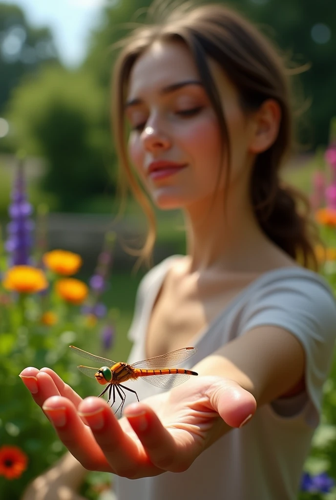 close-up of a colorful dragonfly, shimmering wings and bright green eyes, sitting on a woman's hand. The woman sits peacefully in her garden, surrounded by vibrant flowers and greenery, the scene capturing a moment of quiet reflection and natural beauty. The dragonfly should be small