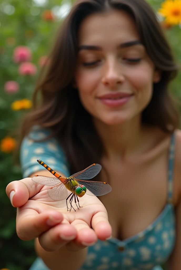 close-up of a colorful dragonfly, shimmering wings and bright green eyes, sitting on a woman's hand. The woman sits peacefully in her garden, surrounded by vibrant flowers and greenery, the scene capturing a moment of quiet reflection and natural beauty. The dragonfly should be small