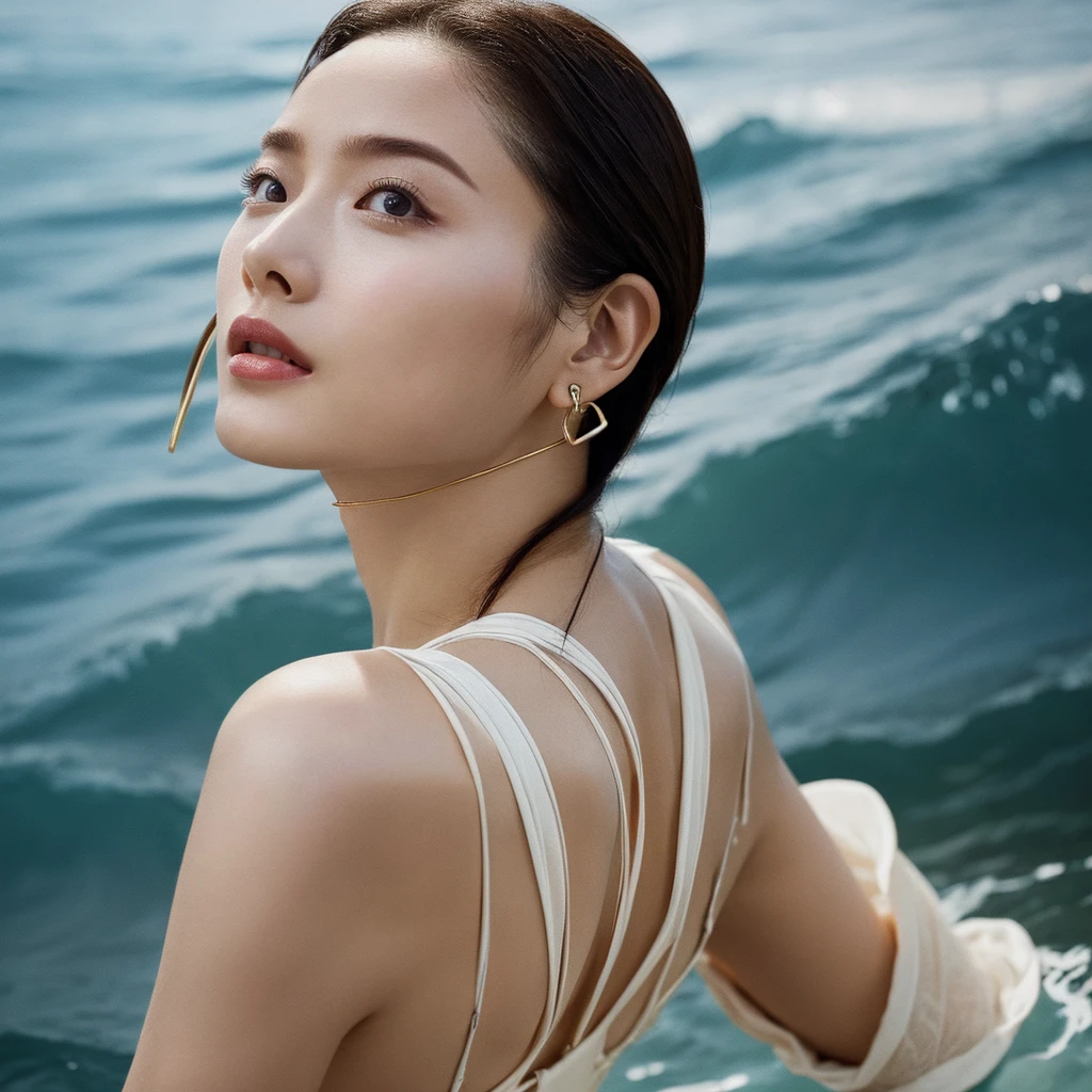 masterpiece, Highest quality, alone, One girl, Glowing Skin, Hoop Earrings, glamorous, Whimsical details, Slicked back hair, Fascinating, Bare shoulders, Crop top, Long trousers, Shallow depth of field, Contrasting, Professional Model, Facing forward, Portraiture 