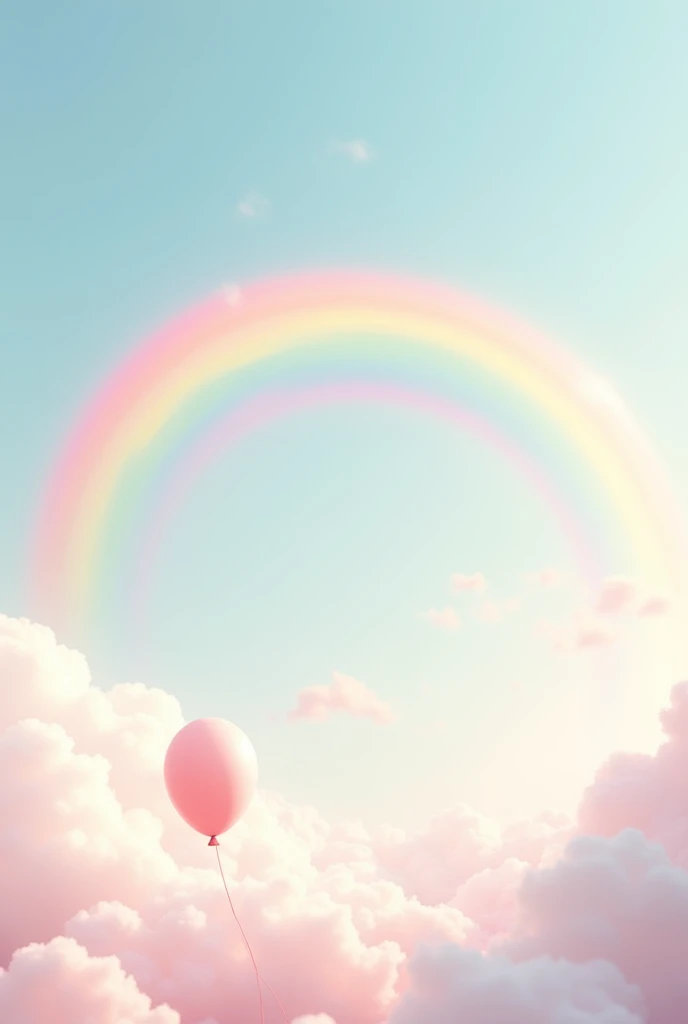 an image of the sky with light colors with a pink balloon and a very visible rainbow in the background, very cute