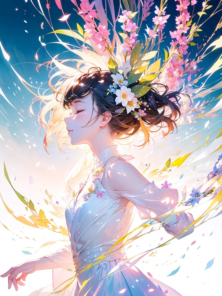 (masterpiece、Highest quality、Highest quality、Beautiful and beautiful:1.2)、Excellent anatomy、(Watercolor painting 1.5)、Long Shot、straight short hair images、Trendy Hair Color, Beautiful Face、Beautiful profile, Looking up to the sky, I close my eyes and pray, Fairy, 蝶のFairyのコスチューム、Pure white、Pure、charm, Colorful flowers of different colors, Flower and leaf wind、Botanical Art,