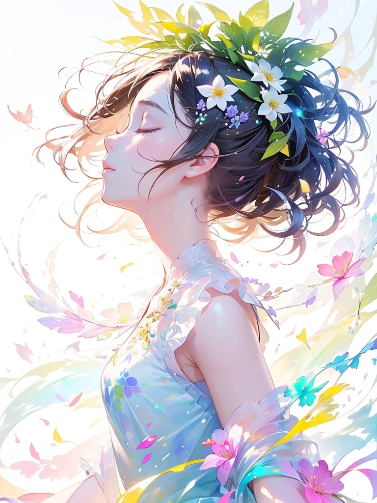 (masterpiece、Highest quality、Highest quality、Beautiful and beautiful:1.2)、Excellent anatomy、(Watercolor painting 1.5)、Long Shot、straight short hair images、Trendy Hair Color, Beautiful Face、Beautiful profile, Looking up to the sky, I close my eyes and pray, Fairy, 蝶のFairyのコスチューム、Pure white、Pure、charm, Colorful flowers of different colors, Flower and leaf wind、Botanical Art,