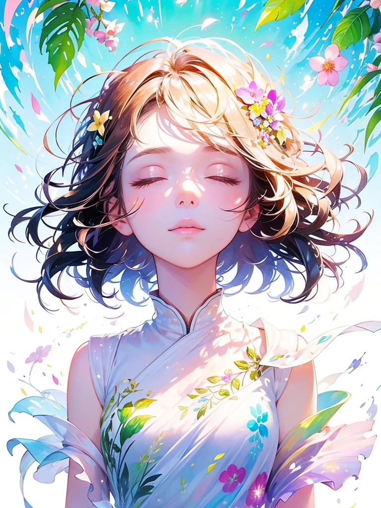 (masterpiece、Highest quality、Highest quality、Beautiful and beautiful:1.2)、Excellent anatomy、(Watercolor painting 1.5)、Long Shot、straight short hair images、Trendy Hair Color, Beautiful Face、Beautiful profile, Looking up to the sky, I close my eyes and pray, Fairy, 蝶のFairyのコスチューム、Pure white、Pure、charm, Colorful flowers of different colors, Flower and leaf wind、Botanical Art,