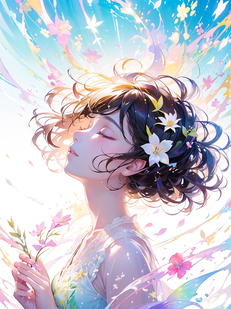 (masterpiece、Highest quality、Highest quality、Beautiful and beautiful:1.2)、Excellent anatomy、(Watercolor painting 1.5)、Long Shot、straight short hair images、Trendy Hair Color, Beautiful Face、Beautiful profile, Looking up to the sky, I close my eyes and pray, Fairy, 蝶のFairyのコスチューム、Pure white、Pure、charm, Colorful flowers of different colors, Flower and leaf wind、Botanical Art,