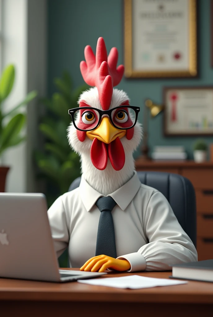 Chicken that is in an office with a laptop and represents an accountant
