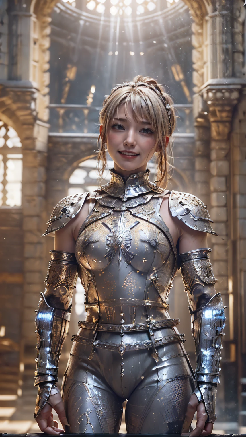 (masterpiece,Highest quality,High resolution:1.2),(One female knight:1.3), (Western Armor,Full Plate Mail:1.2),(Smiling with teeth showing and eyes narrowed:1.3),(ponytail,blonde,Natural Makeup, With lots of eyelashes:1.3),(Cowboy Shot:1.3),(Old Royal Palace:1.3),(View the subject from below:1.2),(Spread your legs:1.3),(Show off your armpits,Hands behind head:1.3)