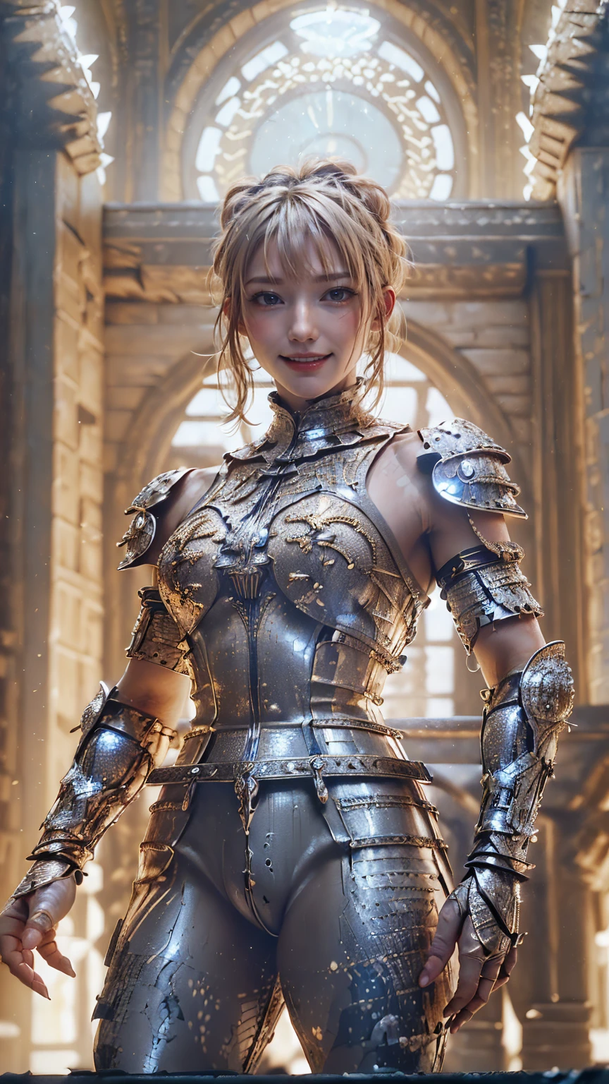 (masterpiece,Highest quality,High resolution:1.2),(One female knight:1.3), (Western Armor,Full Plate Mail:1.2),(Smiling with teeth showing and eyes narrowed:1.3),(ponytail,blonde,Natural Makeup, With lots of eyelashes:1.3),(Cowboy Shot:1.3),(Old Royal Palace:1.3),(View the subject from below:1.2),(Brave standing:1.3),(Show off your armpits,Hands behind head:1.3)
