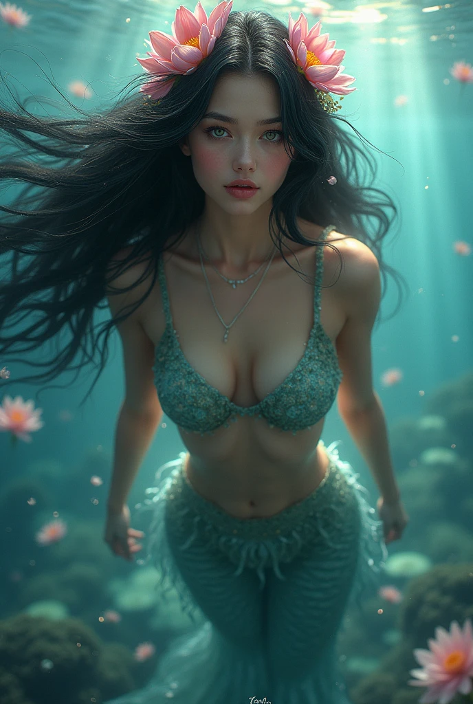 mermaid, black hair adorned with flowers, swimming in the seas, looking at the camera