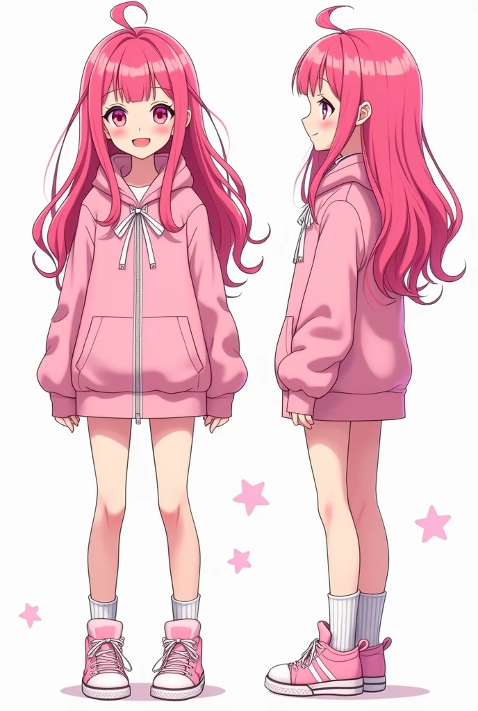 anime, anime style, Conceptual art, UHD, masterpiece, accurate, anatomically correct, textured skin, high details, high quality, award winning, best quality, highres, 4K, anime girl, vtuber design, character sheet, pink hair, pink eyes, long hair, design sheet, multiple angle, full body, short hair, idol, happy, age, white background, gfx design, social media composition, solo, character sheet