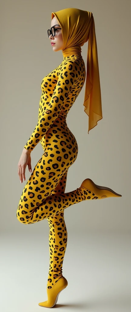 the twenty nine years old asian chinese contortion muslimah wearing a pair of black glasses wears honey yellow leopard print lycra and spandex turtleneck unitard catsuit and honey yellow leopard print lycra dancewear hijab.She has beautiful cheeks.
