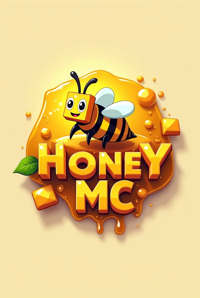 A logo written “HoneyMC” with orage-yellow color and minecraft theme with bee and honey.