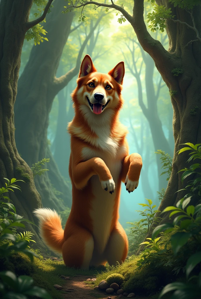 A dog sitting on 2 legs in the middle of a forest more realistic