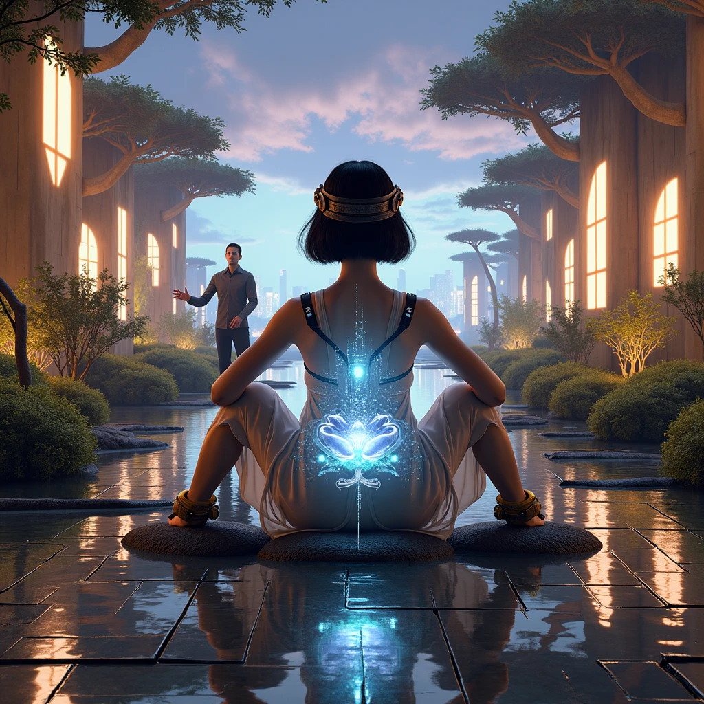 hyperrealistic photography, 8K quality, of a beautiful white-skinned woman, dark hair, shoulder length hair, very airy synthetic fiber clothing, a modern surreal world, sitting on a rock in a ZEN garden and contemplating a flower, She is wearing technological accessories on her head and arms., On one side of the flower there is a hologram of a man with a gesture of explaining something about the flower she is looking at., It is surrounded by a world full of vegetation and in the distance you can see a city made of structures of houses and futuristic buildings made from plants., trees and flowers that have grown in that shape.