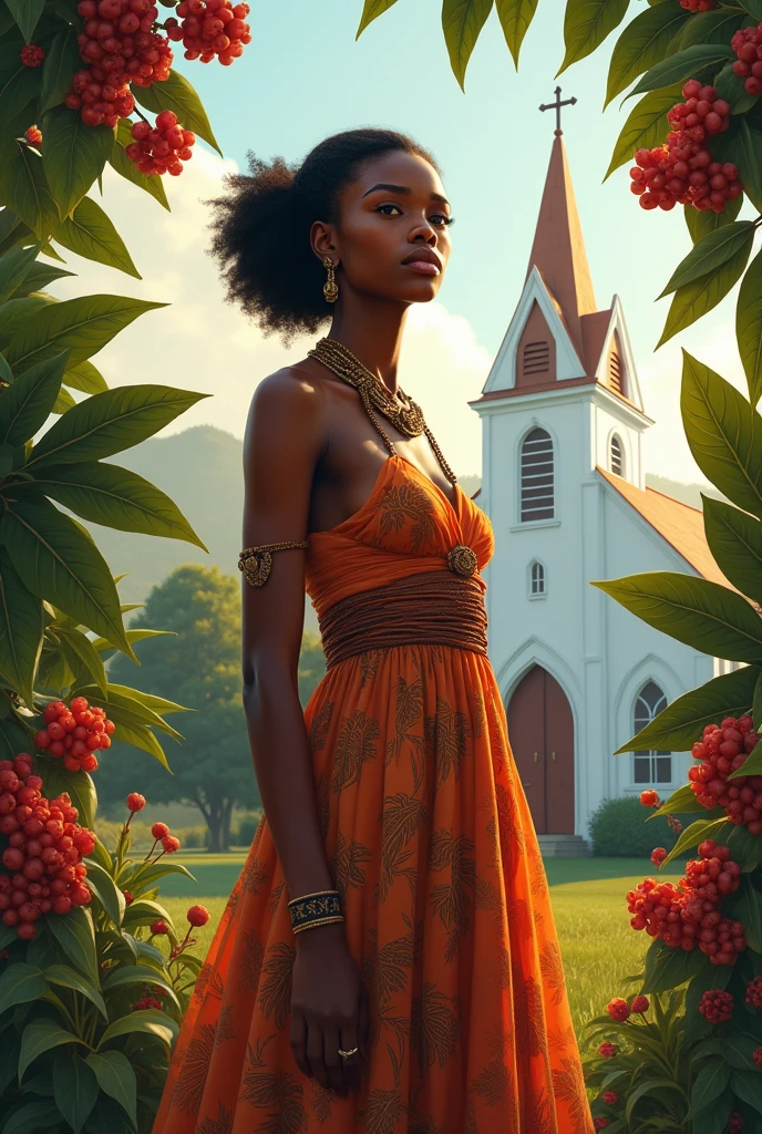 African woman in front of a white church , with leaves, red fruits and red flowers