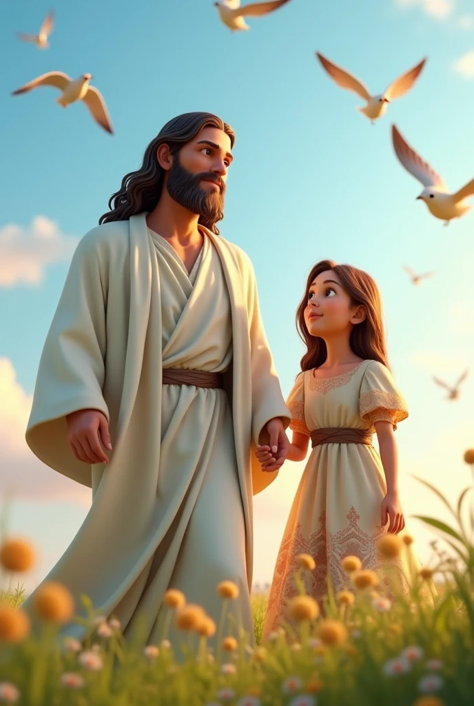 Create an image of Jesus from the biblical story wearing a white dress.
With a  girl in a dress.
No boat, no sea sitting, with birds flying, um dia ensolarado.
disney pixar style 3d 