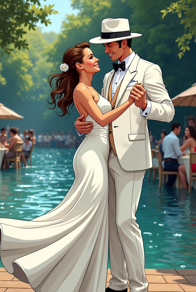 use the same character to make a man, handsome young man with blue eyes in a white suit and a formal hat dancing elegantly with a girl at a riverside party. in comic style.