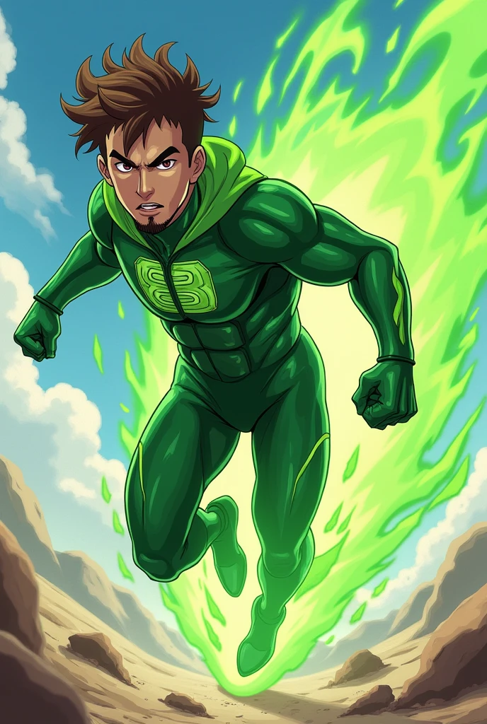 character of&#39;アニメ: a white skinned man, short curly brown hair, short brown beard. He is dressed in green and runs very fast leaving a green trail behind him. 