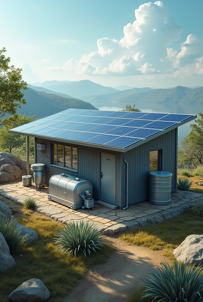 Design a solar system for water purification and pumping. Use solar panels to power a water treatment plant that can purify water from rivers or wells, making it safe for consumption. Includes a storage system to ensure a constant supply of clean water.