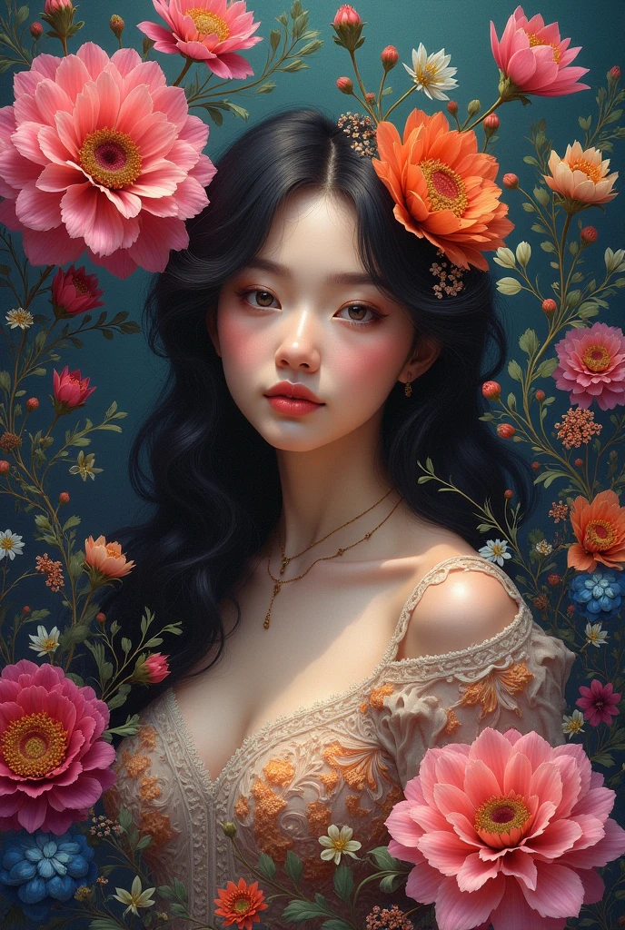 1woman,(masterpiece, top quality, best quality, official art, beautiful and aesthetic:1.2),(1girl),extreme detailed,flowers,(fractal art:1.3),colorful,highest detailed