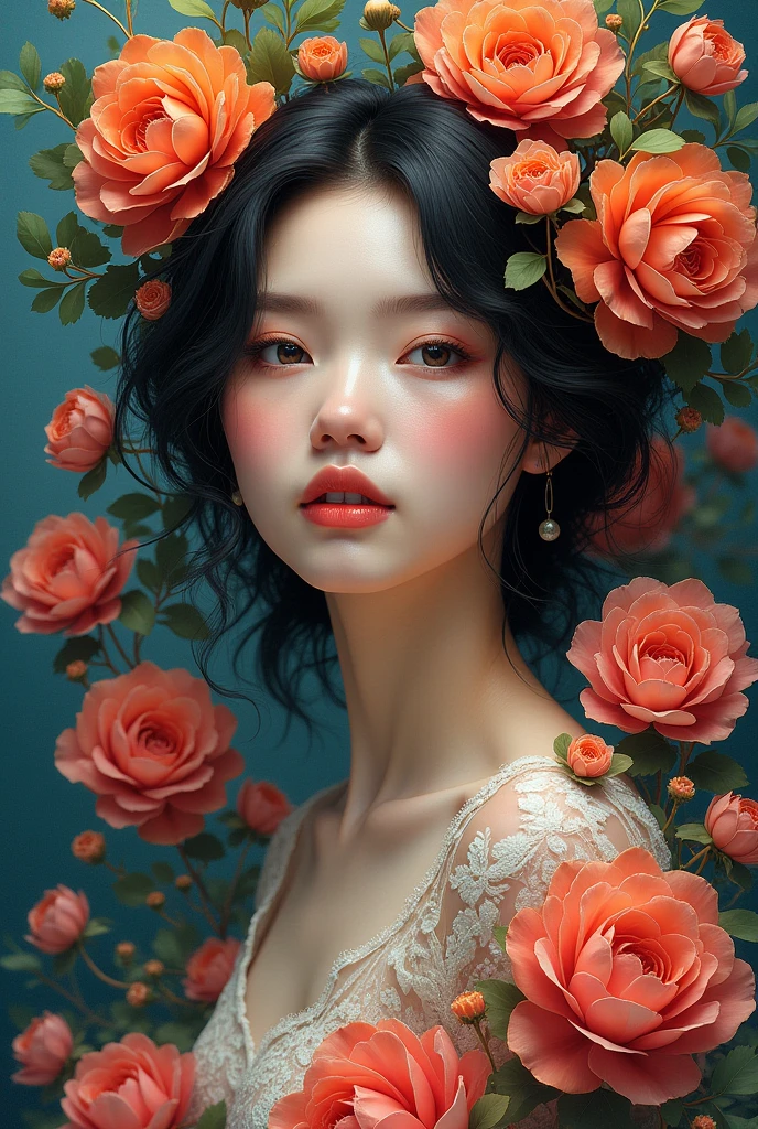 1woman,(masterpiece, top quality, best quality, official art, beautiful and aesthetic:1.2),(1girl),extreme detailed,flowers,(fractal art:1.3),colorful,highest detailed