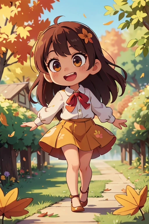 Stand in front of the photo、1 girl in,whole body,a long bob, high-heels,Open mouth and big smile、pose kawaii、Flowing iridescent silk、above the face、I look up、Colorcon with heart pattern, formal blouse and tight skirt、There are flowers even in front of you、flower petals、Fallen leaves and dragonflies、season!!:autumnal☀ 🍂