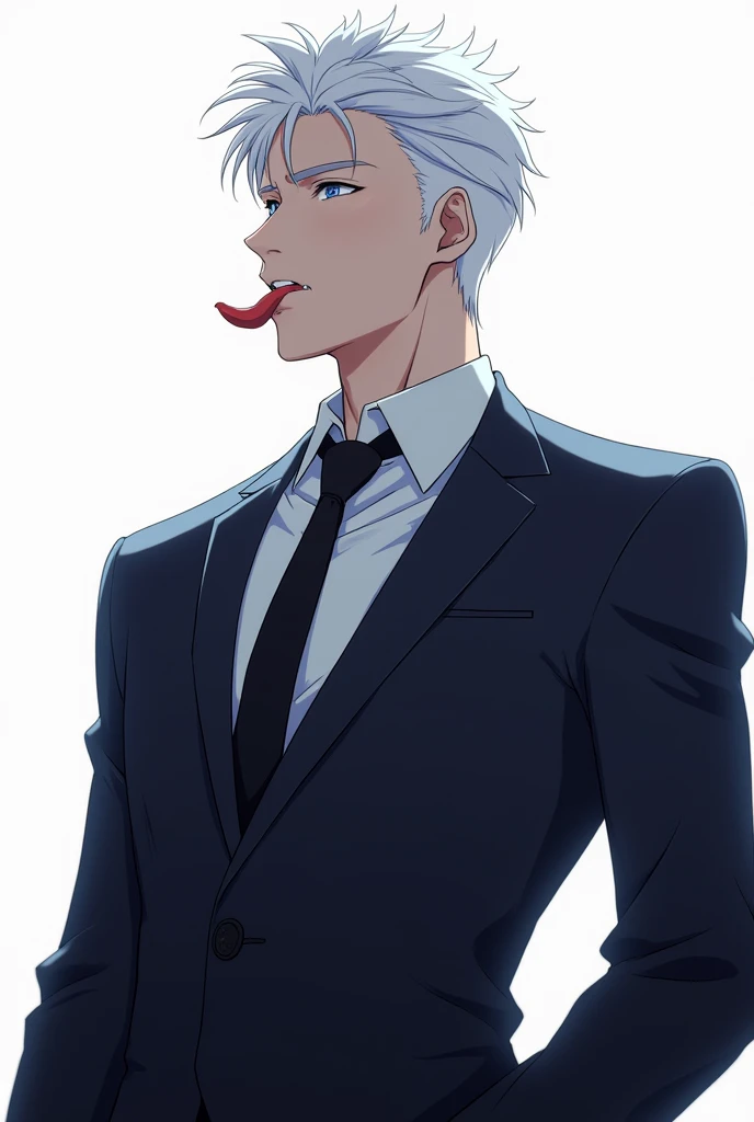 Gojo satoru from jujustu kaisen sexy in suit sticking out tongue