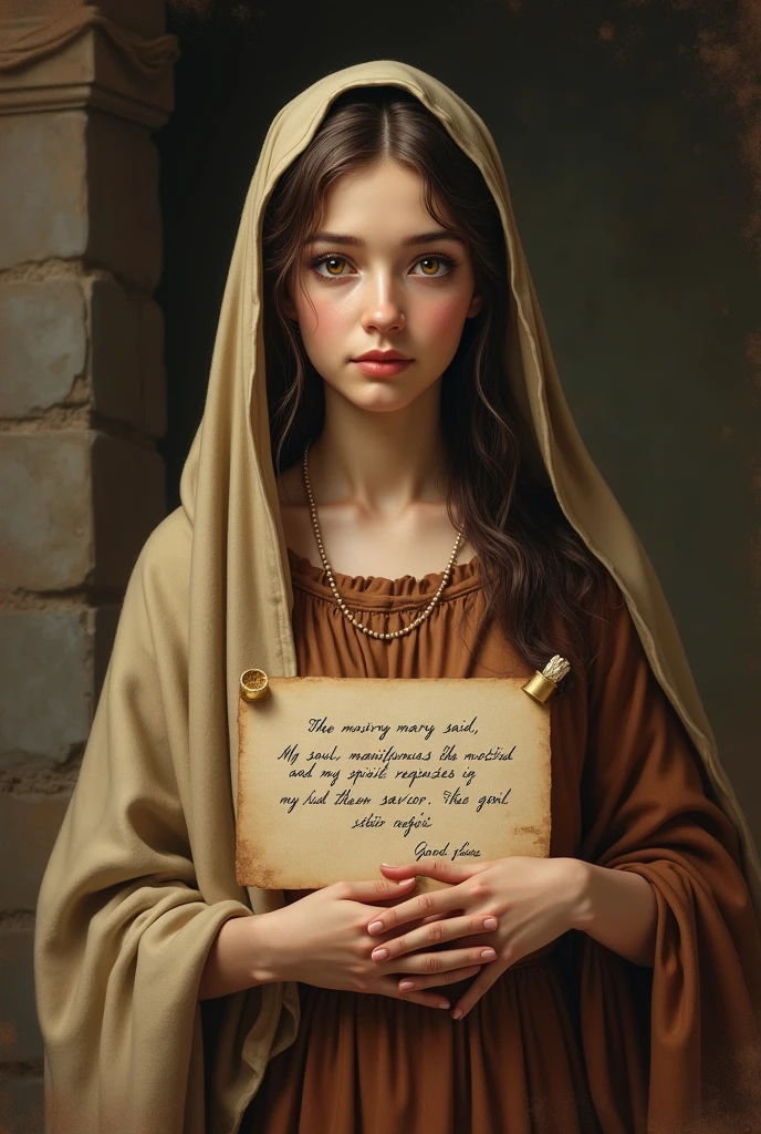 Image of Mary mother of Jesus in the 1st century with this biblical text Lc 1:46-47: "Then Mary said: My soul magnifies the Lord, And my spirit rejoices in God my Savior;"