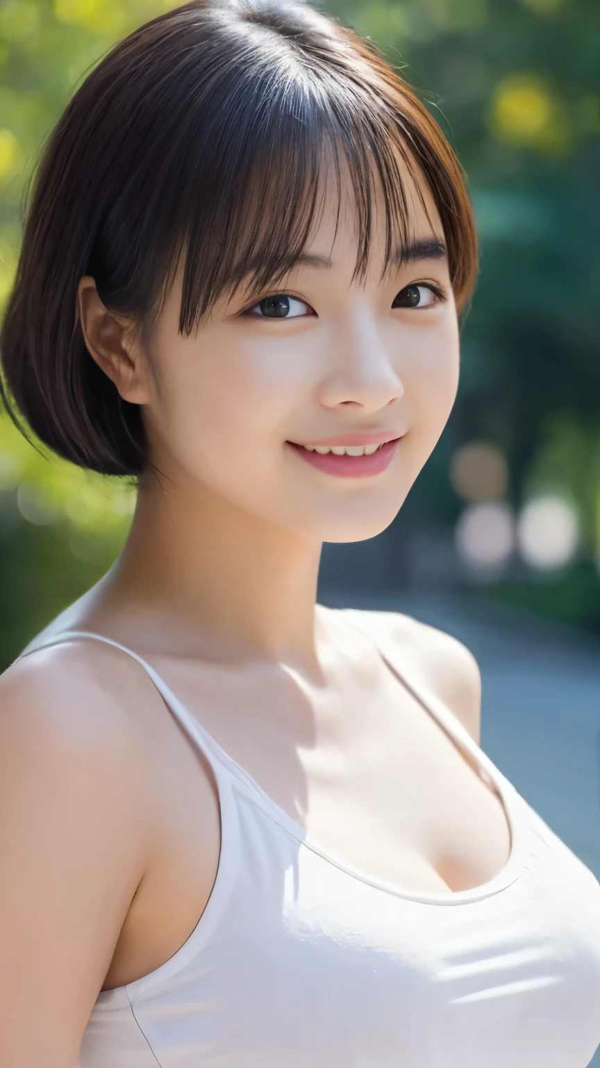 1 girl, (White tank top、The clothes are see-through、Protruding nipples:1.1、Cleavage), Beautiful Japanese actresses, (RAW Photos, highest quality), (Realistic, Photorealistic:1.4), masterpiece, Very delicate and beautiful, Very detailed, wonderful, finely, Very detailed CG Unity 8k 壁紙, Very detailed, High resolution, Soft Light, Beautiful detailed girl, Very detailed目と顔, Beautiful and detailed nose, Beautiful and detailed, looking at the camera、Perfect Anatomy, Slender body, smile、((Hands behind head))、Facing forward