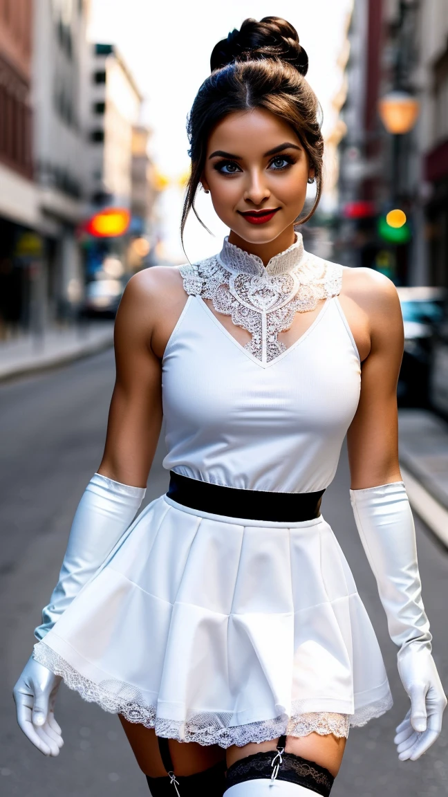 8k, masterpiece, raw photo, Best Quality, detail:1.2),photorealistic, extremely detailed CG unity 8k wallpaper, Lens flare, (extremely beautiful face, beautiful red lips, pretty eyes), intricate detail face, ((ultra detailed skin)), 1 girl, In the dark, deep shadow, pretty girl, (Skinny body, slim and muscular:1.3), ((looking at the viewer)), (big smile), (cordd dress), (city evening, (neon sign), (evening), shackles, light eyes, walking, look forward, (((big brown eyes))), ((Upper body shot)), dress, cordd dress, Coming back, return shot, very thin, slander, ((white braid hair over shoulder)), (((white: air: skirt dress: gloves cord)))))), 3D, Rich colors, (black makeup:1.3), (cord stockings with garters, ajuste del cord, cord), (Intricate detailed multi-layer bodysiut lacy cord-upp), neckcord, wifes