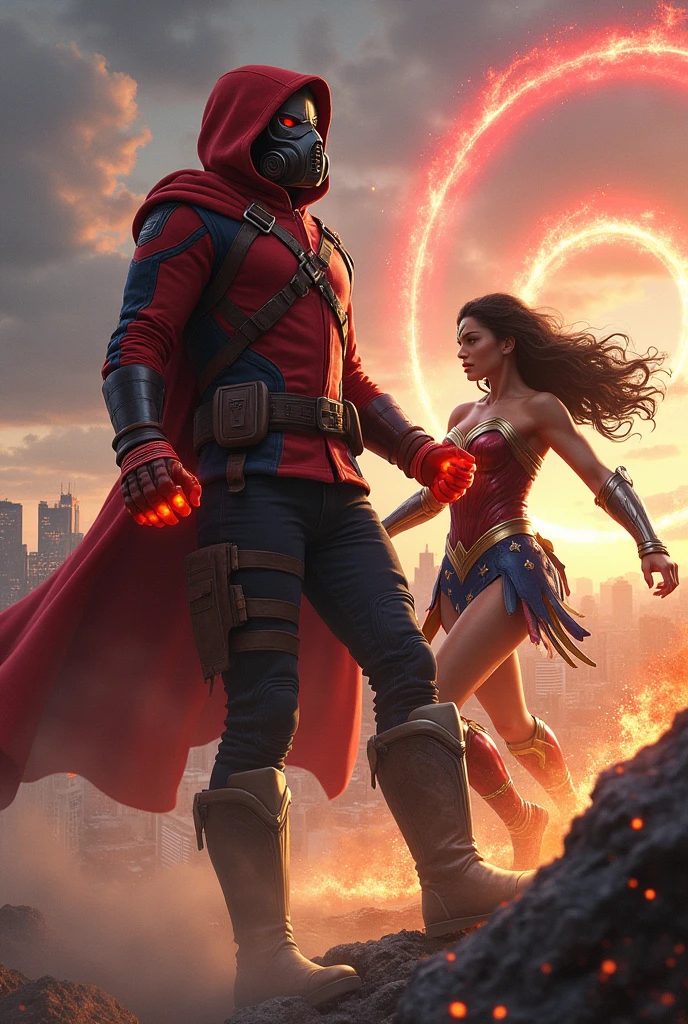 Young Star-lord with red hoodie, headphones, star-lord helmet, gas helmet, covered mouth, round red eyes, Red eyes, magic rings in the hands and rocket boots, Vs. Doctor strange vs. Wonder woman(Big tits) , Fighting, power, fiction, full body, 2 person, magic lasso, hight, fall, fire in boots, poweful spells, fighting, realistic, helmet, mask, confrontation, punch, gun, flying in the sky, red magic portal, view of the city from above