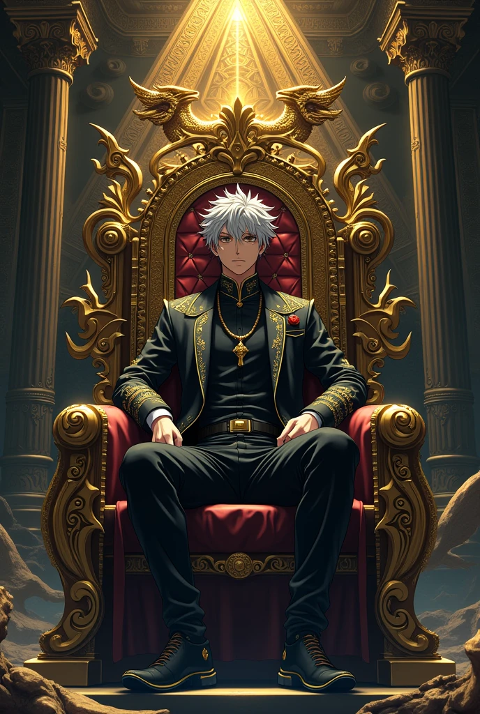 Male anime character sitting on a throne in a pyramid inspired by illuminators, dragons, keys and padlocks and predominant color black and gold