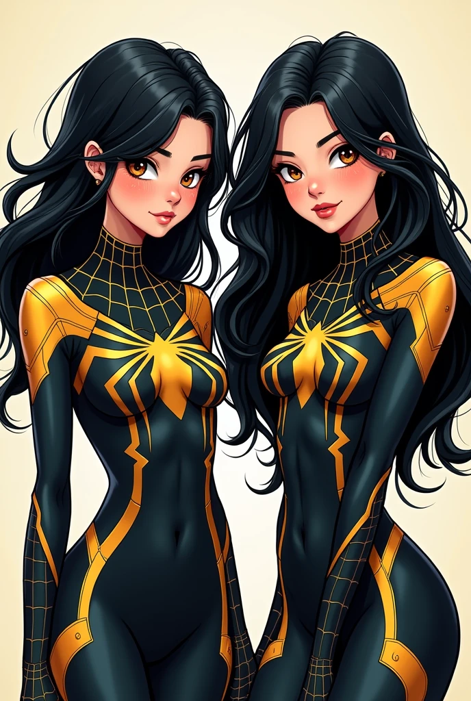 comic style, black haired 2 girl, ambar eyes, pale skin, pretty, in a black, black and grey spiderman suit with small gold details, loose hair, comic panel