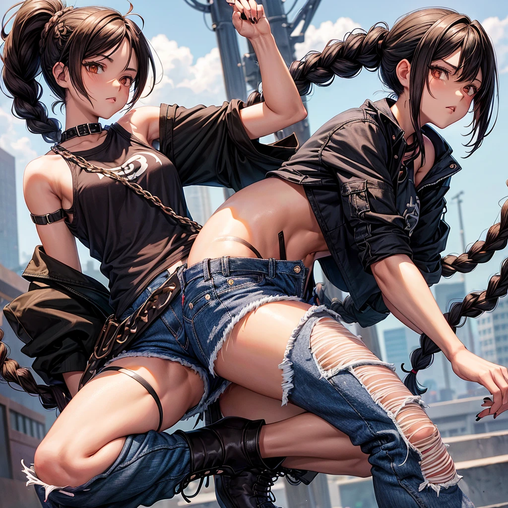 anime girl, manhwa girl, dark brown hair, braids in a ponytail, some braids hanging, ripped cargo jeans in black, cargo jeans till ankles, sleeveless short in black, sleeveless short inside the ripped cargo jeans, black boots, black nails, dark brown eyes