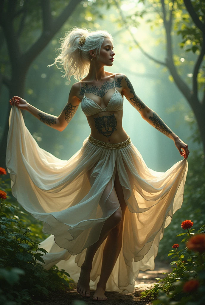 A beautiful white-haired tattooed woman dancing happily, panther tattoo on her thigh and roses, septum piercing, ornate floral dress, graceful pose, natural lighting, cinematic composition, dramatic lighting, vibrant colors, fantasy, dreamlike, surreal