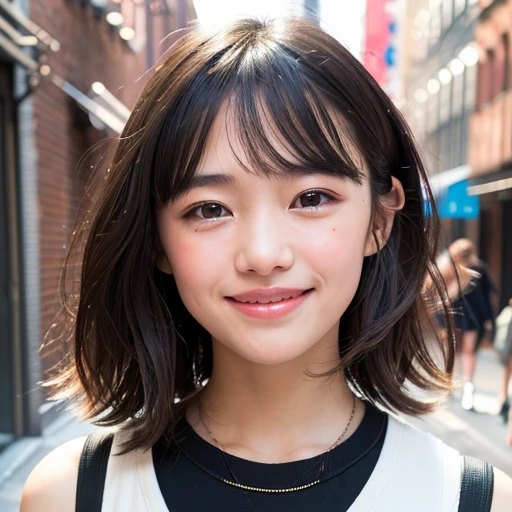 (((Face close-up)))、((Very girly hairstyle))、(((She is photographed with the backdrop of a New York alleyway))、(Natural laughter:1.25)、、1 girl、Independent、I'looking forward to it、Natural Makeup、Brown Hair Color、flat 、、Quality of actress、Shiny, Ultra-realistic faces、smile、Watery eye、look up、Subtle lighting effects、 Ultra-Realistic Capture、Very detailed、High resolution 16K human skin closeup。Skin texture must be natural.、skin is healthy、Even Tone、Use natural light and color、worn out, High quality photos taken by modeling agencies'In-house photographer.、smile、(((Sigma 300mm F/1.4,1/1000 sec shutter,ISO400)))、The background is F-stop 1....4 is blurry